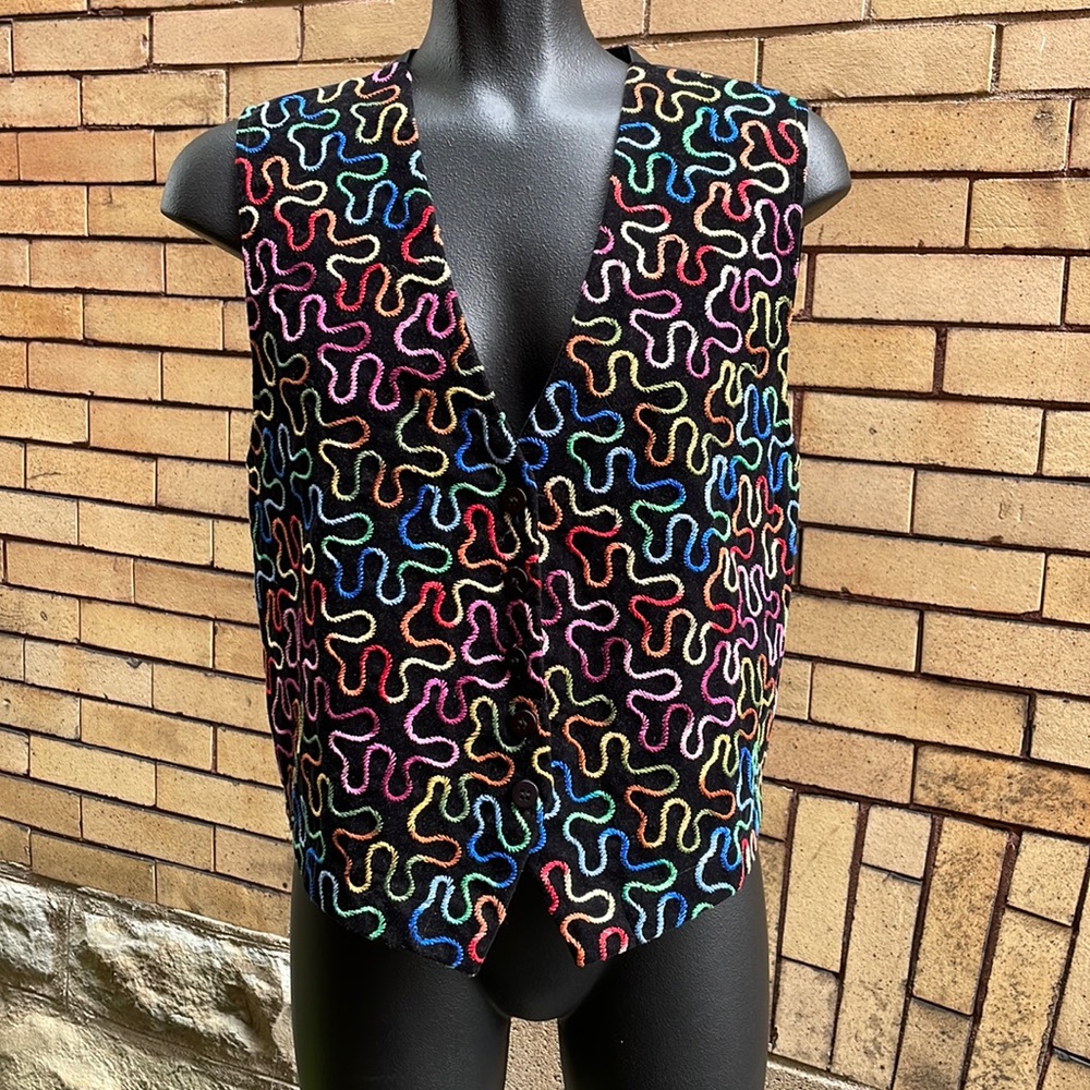 Vintage Casey & Max Black Velvet Multicolor Embroidered Rainbow Vest Size Small